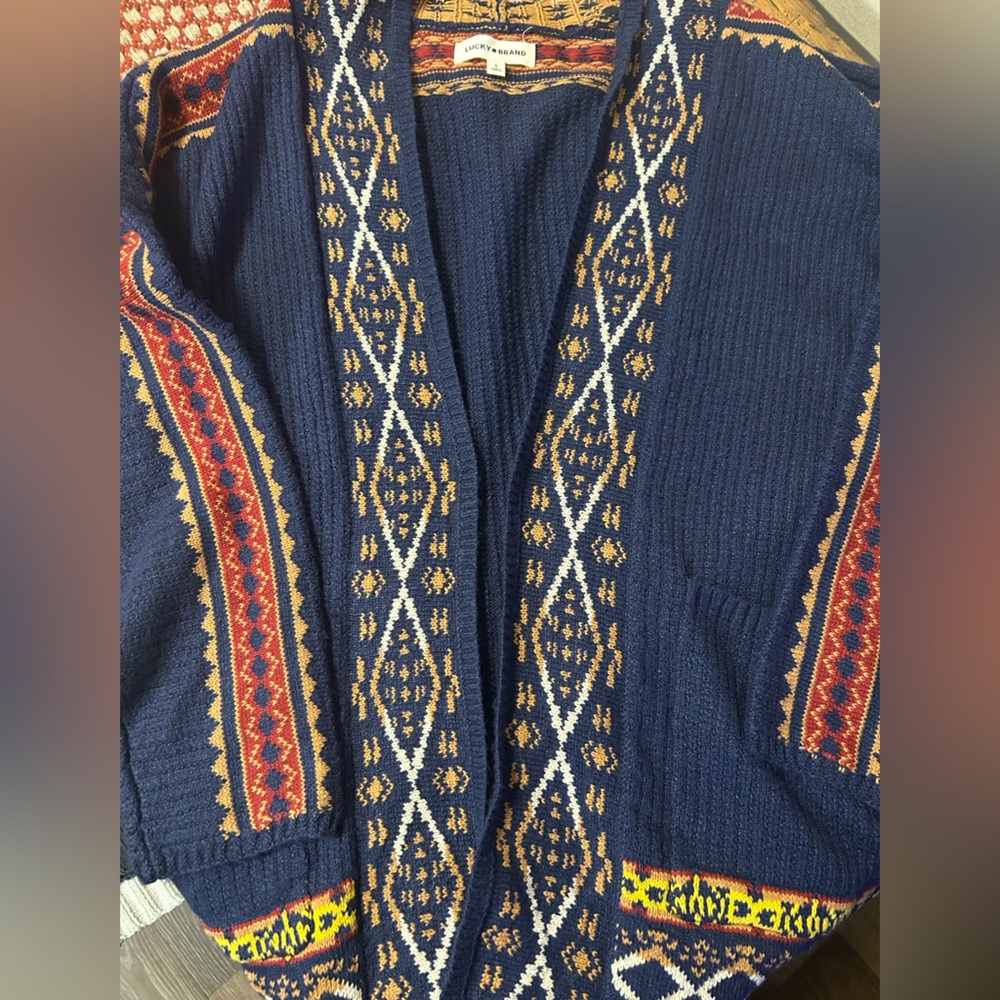 Lucky Brand Cardigan Womens L Sweater Aztec Tribal Knit Open Front Boho - Picture 2 of 6